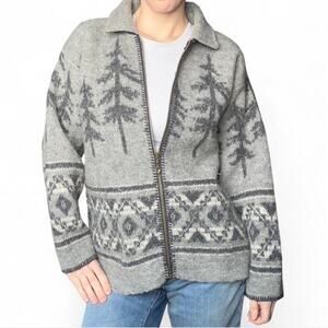 Vintage Alps 100% Wool Women’s Grey Full Zip Sweater Outdoor Tree Scene L USA